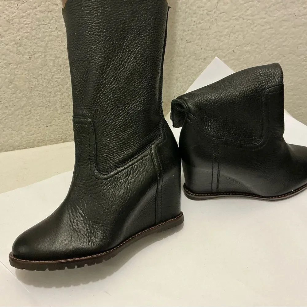H.S. Trask Black Leather Mid-Calf Wedge Heeled Boot Shoe Women's Size 6M